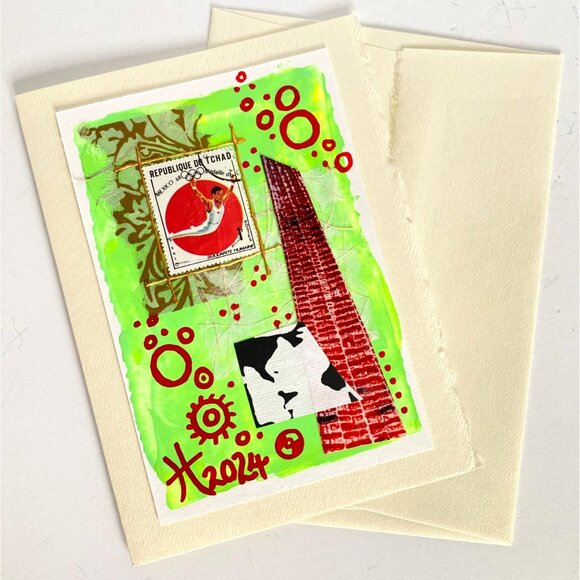 Collage Art Handmade Original Blank Greeting Card and Envelope Vtg Chad Stamp - Picture 5 of 5